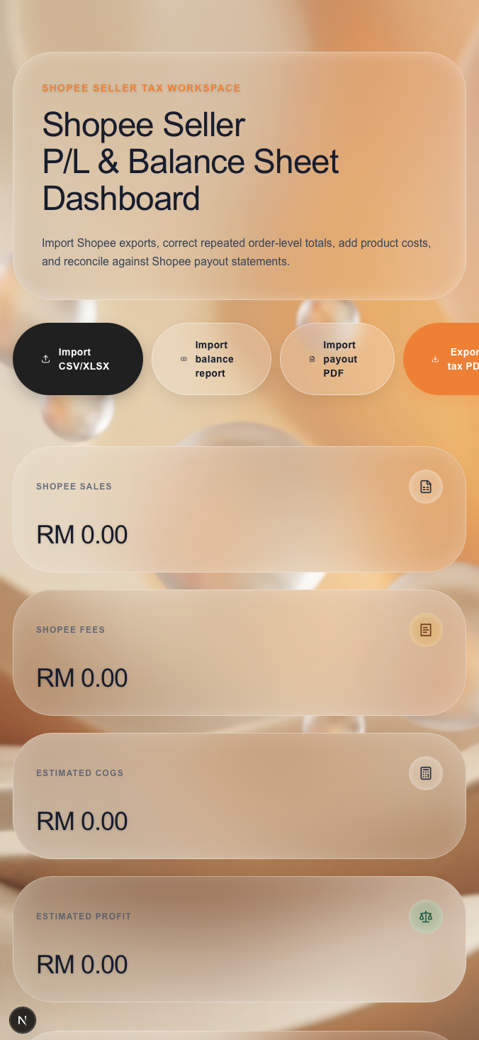 Shopee dashboard app mobile design shown in an iPhone mockup